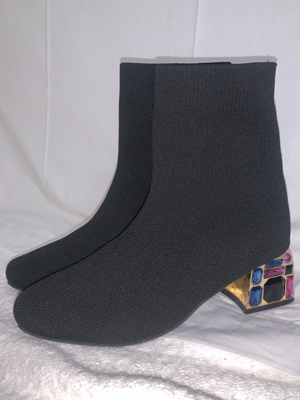 SHEIN Black Knit Jewel-Embellished Block Heel Ankle Boots